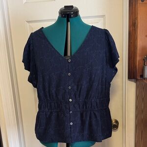 Time and Tru Dark Blue Button-Front Blouse